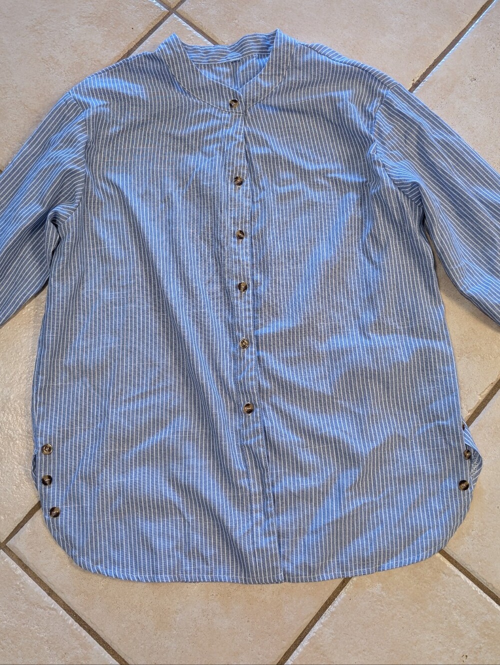 SHEIN Blue & White Vertical-Striped Button Front Shirt